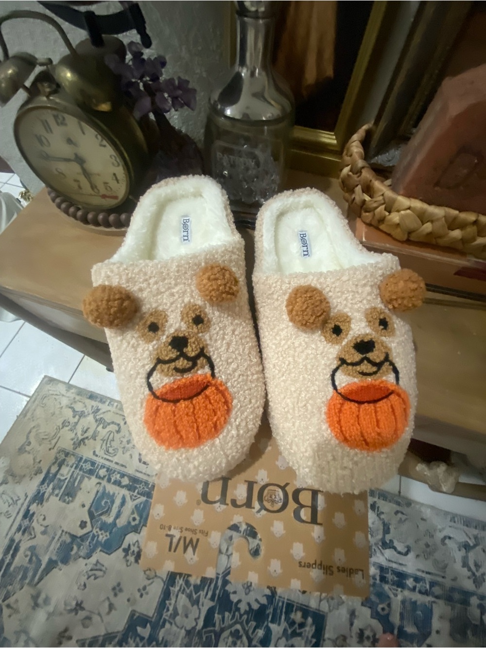 Womans Born Beige Teddy Bear Slippers with Orange Pumpkin Detail